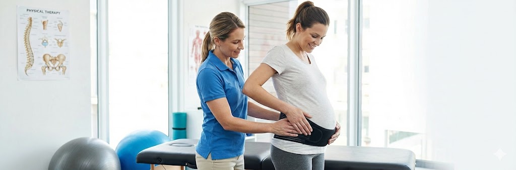 Gravid kvinna provar stödbälte