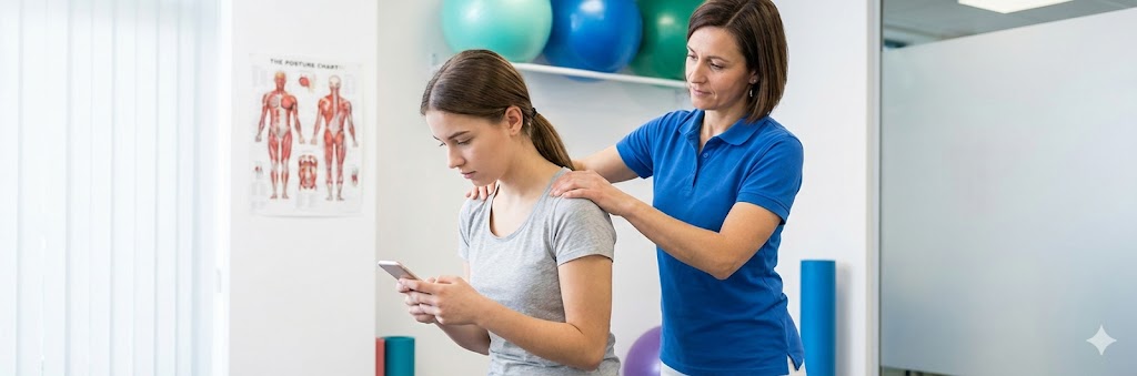 Person som använder telefon med dålig hållning