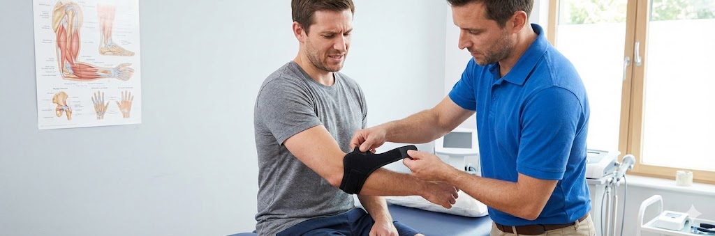 Fysioterapeut provar ut tennisarmbågsstöd